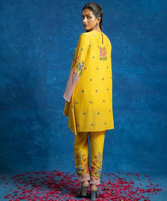 Yellow embroidered cotton kurta set 3