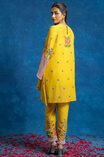 Yellow embroidered cotton kurta set