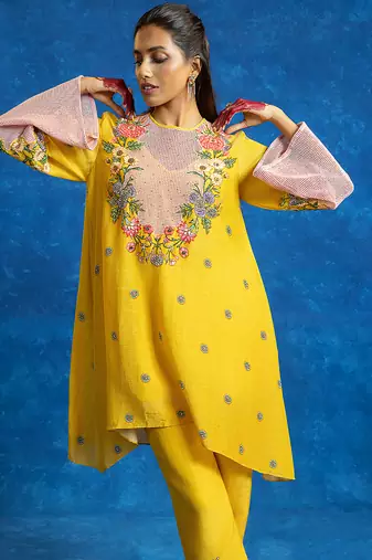Yellow embroidered cotton kurta set