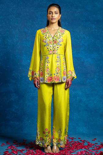 Yellow embroidered silk kurta set