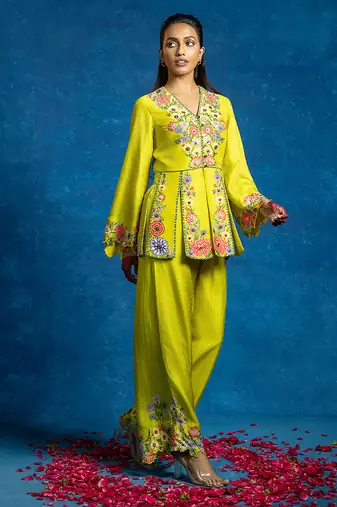Yellow embroidered silk kurta set