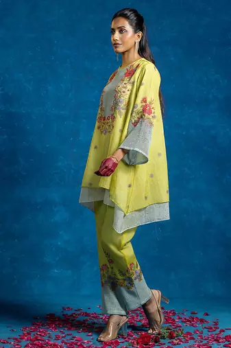 Yellow embroidered silk kurta set