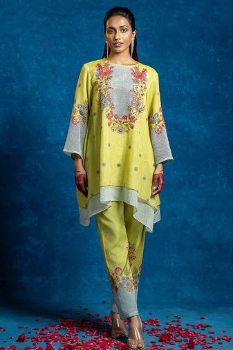 Yellow embroidered silk kurta set
