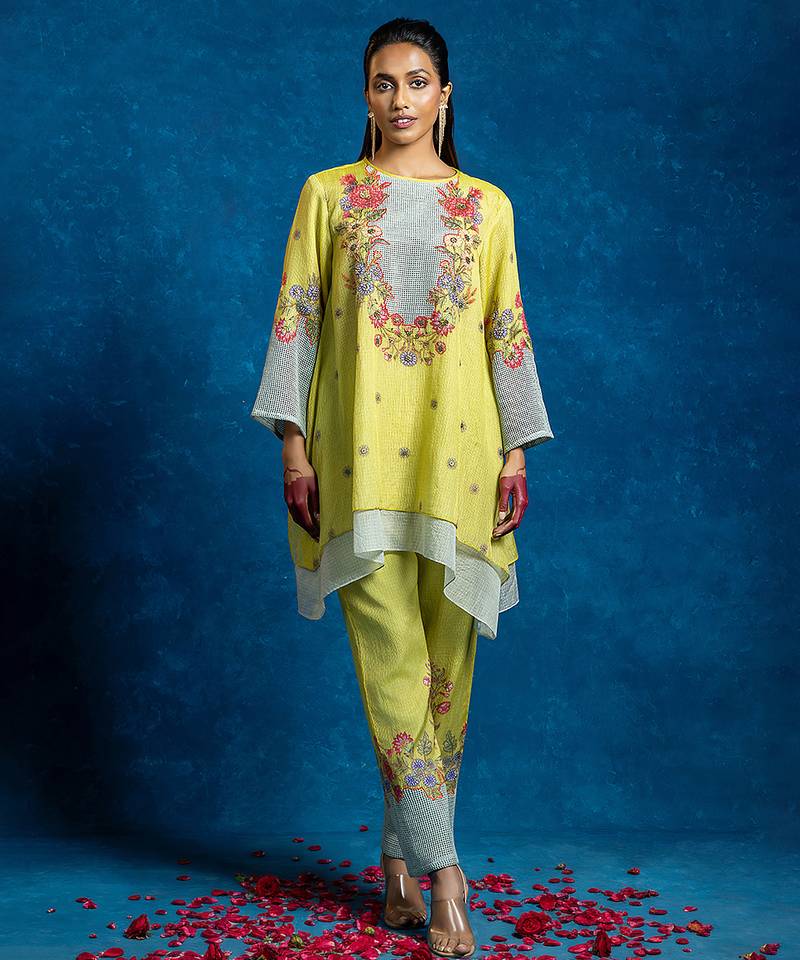 Yellow embroidered silk kurta set