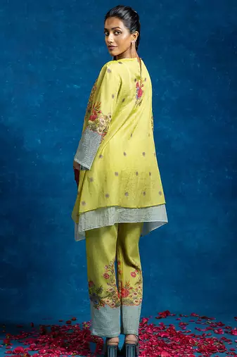 Yellow embroidered silk kurta set