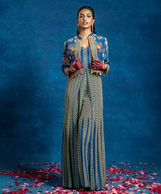 Blue floral printed crepe jumpsuit with Jacket 1