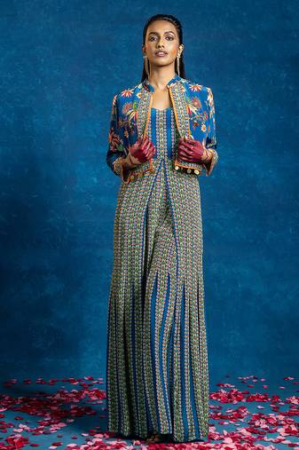 Blue floral printed crepe jumpsuit with Jacket