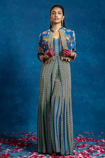 Blue floral printed crepe jumpsuit with Jacket