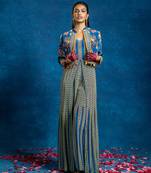 Blue floral printed crepe jumpsuit with Jacket