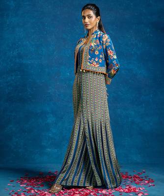 Blue floral printed crepe jumpsuit with Jacket 2
