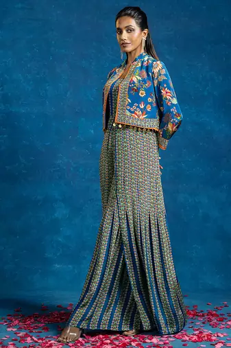 Blue floral printed crepe jumpsuit with Jacket