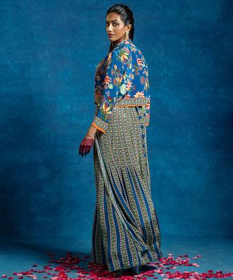 Blue floral printed crepe jumpsuit with Jacket 3
