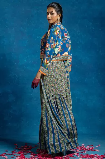 Blue floral printed crepe jumpsuit with Jacket