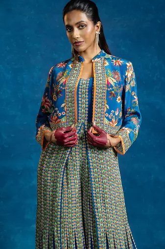 Blue floral printed crepe jumpsuit with Jacket