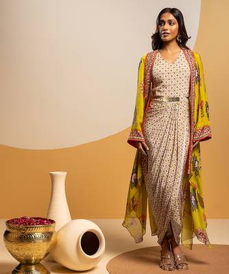 Multicolor floral printed satin Dress With Cape 1