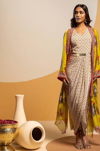 Multicolor floral printed satin Dress With Cape