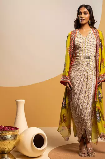 Multicolor floral printed satin Dress With Cape