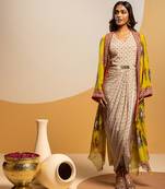 Multicolor floral printed satin Dress With Cape