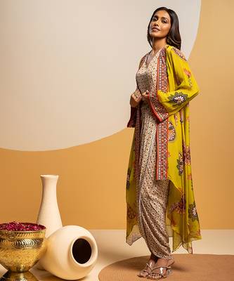 Multicolor floral printed satin Dress With Cape 2