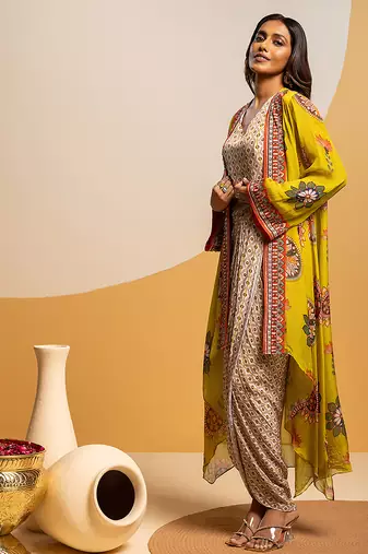 Multicolor floral printed satin Dress With Cape