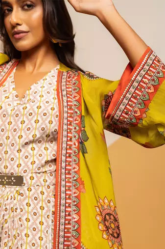 Multicolor floral printed satin Dress With Cape