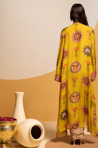 Multicolor floral printed satin Dress With Cape