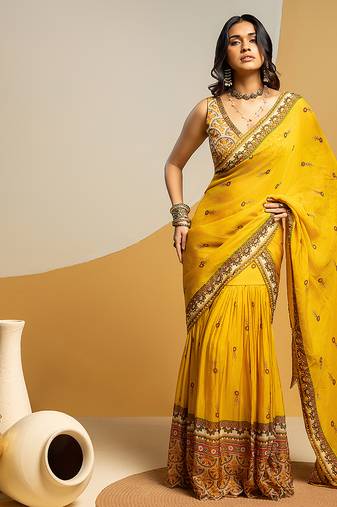Yellow embroidered organza saree