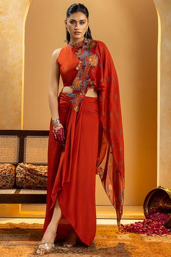 Red embroidered crepe saree