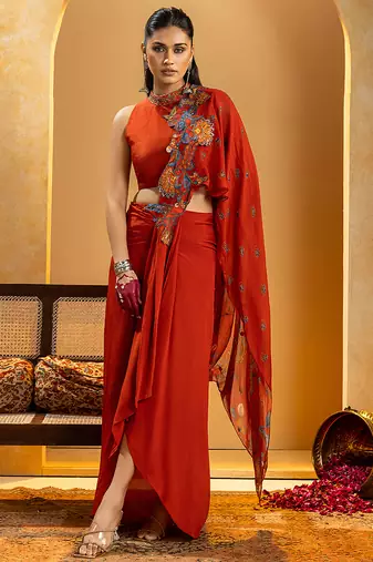 Red embroidered crepe saree