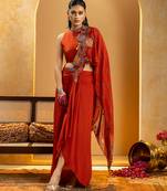 Red embroidered crepe saree