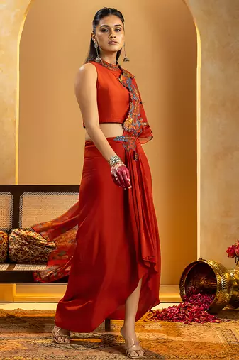 Red embroidered crepe saree