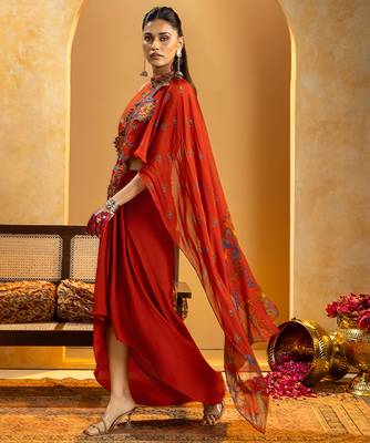 Red embroidered crepe saree 3