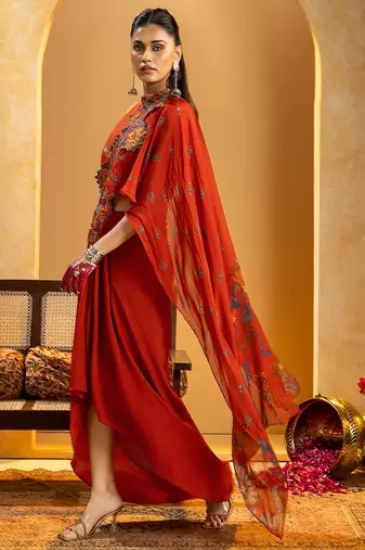 Red embroidered crepe saree