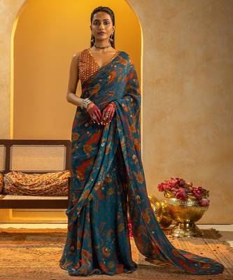 Blue floral printed organza saree 1
