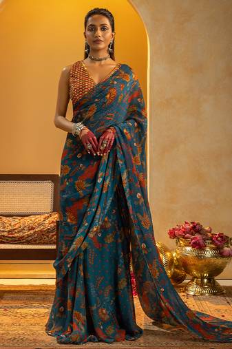 Blue floral printed organza saree