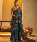 Blue floral printed organza saree