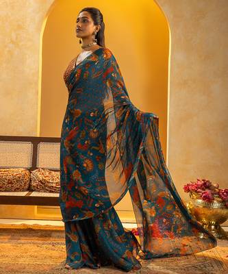 Blue floral printed organza saree 2