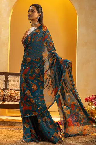 Blue floral printed organza saree