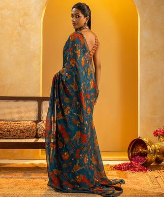 Blue floral printed organza saree 3