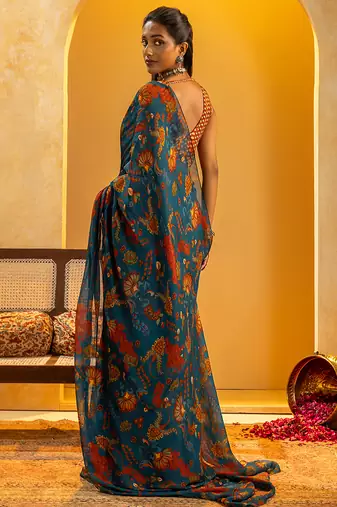 Blue floral printed organza saree