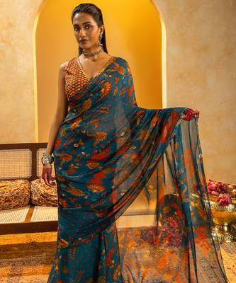 Blue floral printed organza saree 4