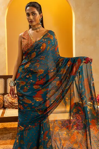 Blue floral printed organza saree