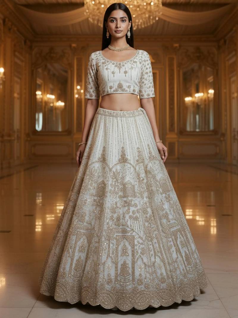 white dori embroidered net bridal lehenga set choli with dupatta with dupatta