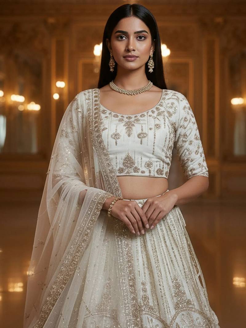 white dori embroidered net bridal lehenga set choli with dupatta with dupatta