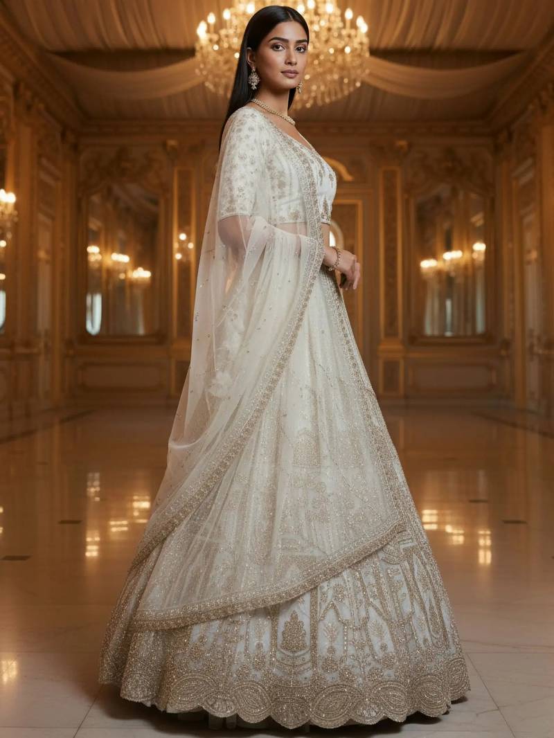 white dori embroidered net bridal lehenga set choli with dupatta with dupatta