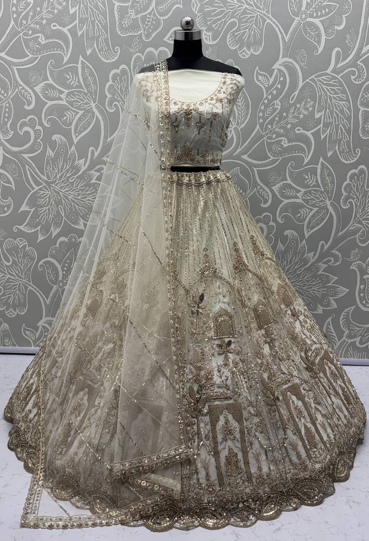white dori embroidered net bridal lehenga set choli with dupatta with dupatta