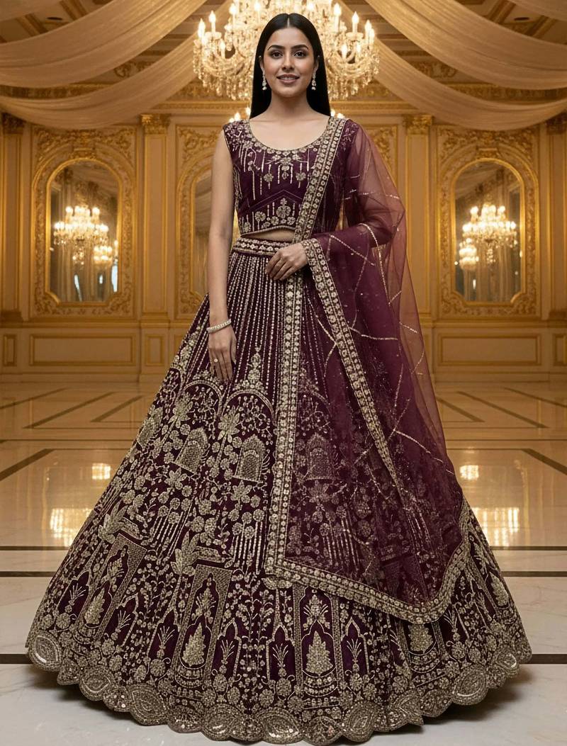 wine hand work net bridal lehenga set choli with dupatta with dupatta