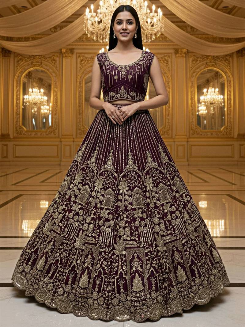wine hand work net bridal lehenga set choli with dupatta with dupatta