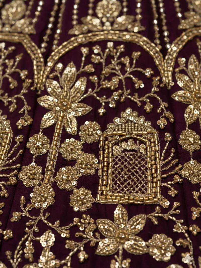 wine hand work net bridal lehenga set choli with dupatta with dupatta