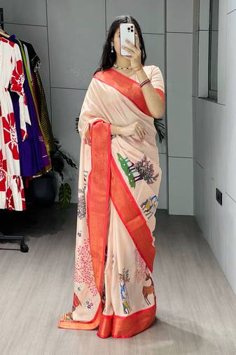 Cream color kalamkari printed silk saree with unstitched blouse